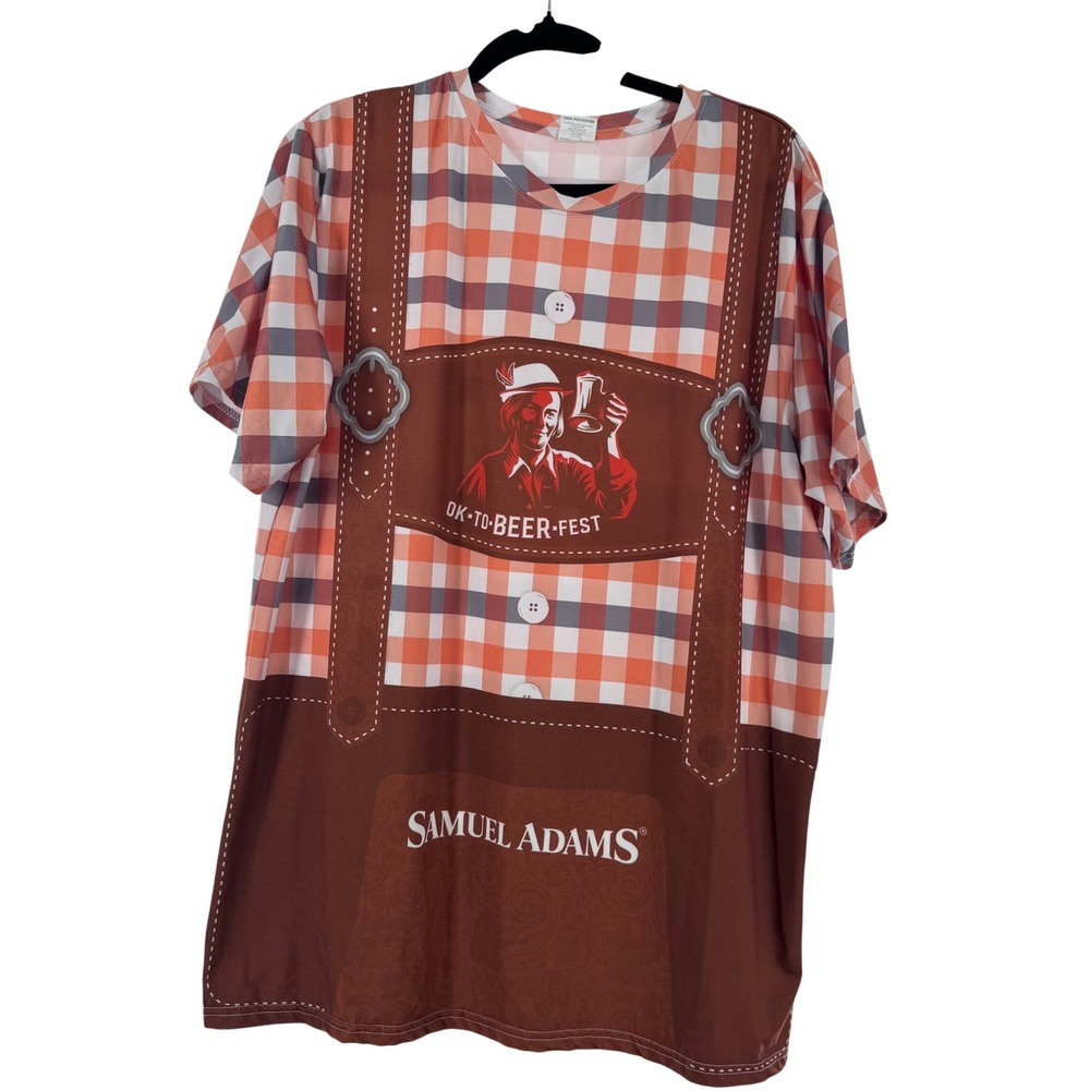 Samuel Adams Mens XL Oktoberfest Lederhosen Graphic T-Shirt Orange Brown Beer‎
